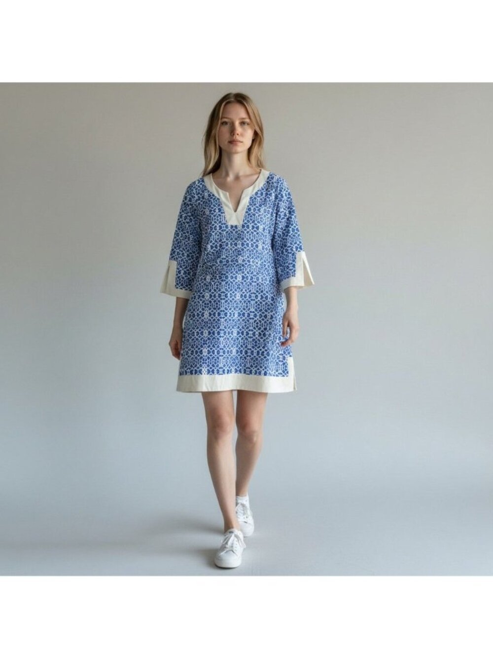 Jude Connally Blue & White Geometric Print Tunic Dress Size L With 3/4 Sleeves &